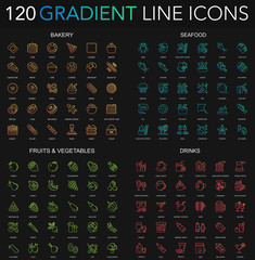 120 trendy gradient style thin line icons set of bakery, seafood, fruits vegetables, drinks icons isolated on black background.