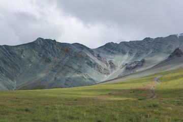 View of the colored mountains and the gorge of Yarlu, Altai Mt, Russia