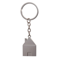 Fototapeta na wymiar Silver house shaped keychain with keyring isolated on white background with copy space. Concepts for real estate and moving home or renting property.