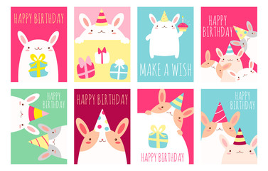 Fototapeta na wymiar Set of birthday banners with cute rabbits
