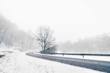 Curvy highway in a misty winter landscape