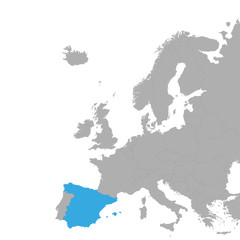 Obraz premium Mapa Hiszpanii jest zaznaczona na niebiesko na mapie Europy