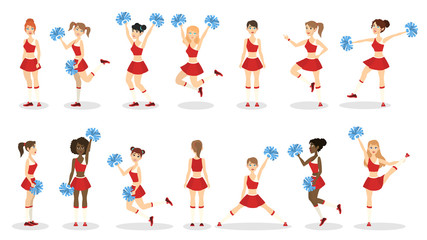 Cheerleader in red uniform set. Beautiful girl