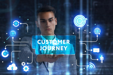 The concept of business, technology, the Internet and the network. A young entrepreneur working on a virtual screen of the future and sees the inscription: Customer journey