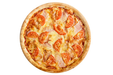 pizza with ham and tomato isolated on white