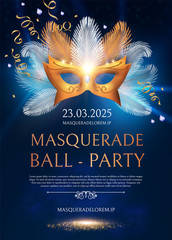 Masquerafe Flyer Template with Gold Carnival Mask. - obrazy, fototapety, plakaty