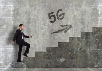 Business, technology, internet and networking concept. A young entrepreneur goes up the career ladder: 5G