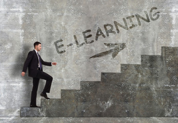Business, technology, internet and networking concept. A young entrepreneur goes up the career ladder: E-learning