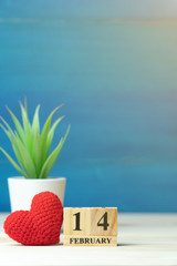 Valentines day concept. hand make yarn red heart beside wooden block calendar set on Valentines date 14 February in front of white pot and green ornamental plants on wooden table and blue background