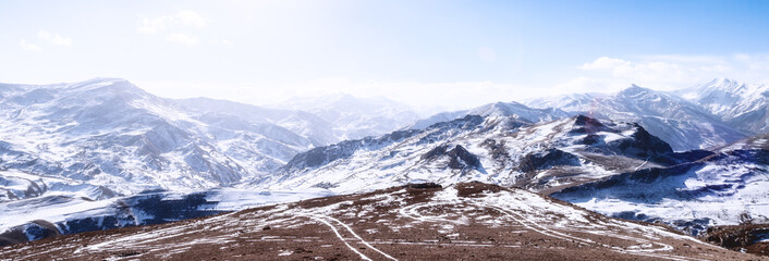 Fototapeta na wymiar Panorama of winter mountains, highlands