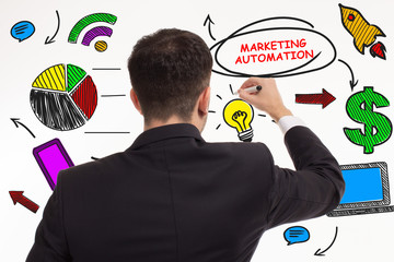 Business, technology, internet and networking concept. Young entrepreneur showing keyword:...