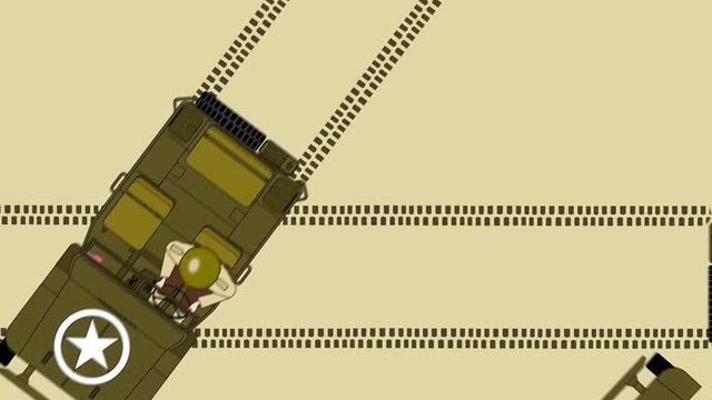 top view of wwii military jeep driving on a path