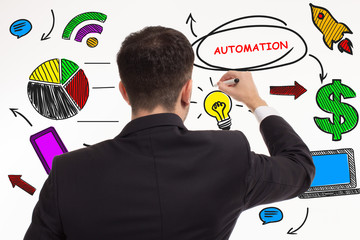 Business, technology, internet and networking concept. Young entrepreneur showing keyword:...