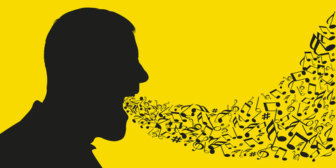 Concept de la musique et du chant avec des notes de musiques qui sortent de la bouche d’un homme dont on voit la silhouette de la tête de profil. © pict rider