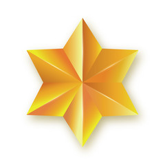 Icon of faceted golden star. Realistic three-dimensional six pointed hexagon isolated on white background. Decorative design element, 3d vector illustration