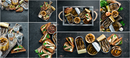 Fototapeta na wymiar Photo collage of sprats, sandwiches and snacks. top view. Free copy space.