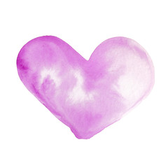 Big purple heart, watercolor heart, hand drawn, isolated on white background