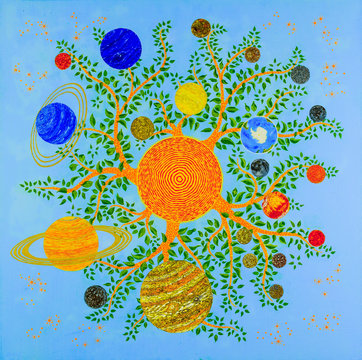 Harvest. Solar system as a tree, bottom view. The sun is a tree. Branches - prominences. Large and small planets - the fruits. Around other trees - stars, constellations, signs of the zodiac.