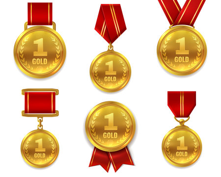 Champion gold medals. Award winner trophy golden medal sport reward competition first best hero red ribbon coin prize