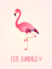 Cute flamingo. Tropical pink bird, girl card poster exotic wild nature, party beach beauty sticker isolated cartoon