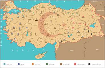 Map of Turkey, provinces plate numbers, region, vector illustration