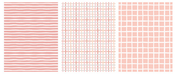 Set of 3 Hand Drawn Irregular Geometric Patterns. Horizontal White Stripes on a Pink Background. Pink and Beige Grid on a White. White Grid on a Pink. Cute Infantile Repeatable Design.