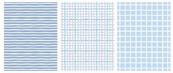 Set of 3 Hand Drawn Irregular Geometric Patterns. Horizontal White Stripes on a Blue Background. Blue and Beige Grid on a White. White Grid on a Blue. Cute Infantile Repeatable Design.