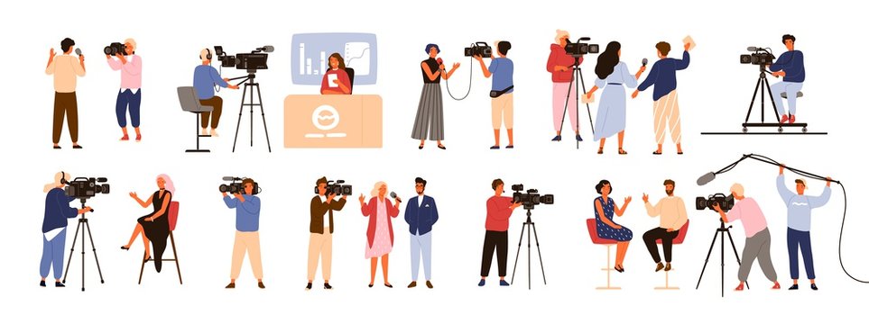 Collection of journalists, talk show hosts interviewing people, news presenters and cameramen or videographers with cameras isolated on white background. Vector illustration in flat cartoon style.
