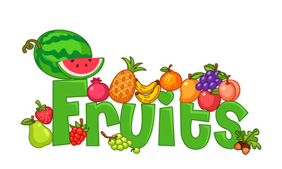 Fruits arranged on Fruits text