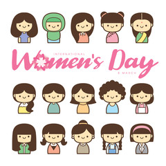International Women's Day vector illustration with diverse group of women of different age, race and outfits.