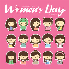 International Women's Day vector illustration with diverse group of women of different age, race and outfits.