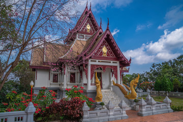 Fototapeta premium Buddhist Thai temple with pink cherry blossom sakura tree. Sakura in buddhist temple. 