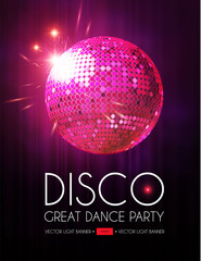 Disco Party Flyer Templatr with Mirror Ball, Stage Curtain and Light Effects.