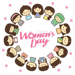 Obraz na płótnie Canvas International Women's Day vector illustration with diverse group of women of different age, race and outfits.