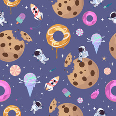 Motif harmonieux d& 39 espace doux avec biscuit au chocolat fantaisie, bonbons, beignets, planètes de bonbons au caramel et astronaute. Illustration vectorielle modifiable