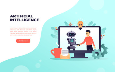 Robot and man make agreement by handshake. Industry 4.0 and artificial intelligence. Machine learning. Flat vector landing page template concept in light cyan palette
