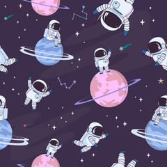 Sweet space seamless pattern with fantasy chocolate cookie, candy, donut, caramel sweets planets and astronaut. Editable vector illustration