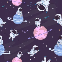 Wallpaper murals Cosmos Sweet space seamless pattern with fantasy chocolate cookie, candy, donut, caramel sweets planets and astronaut. Editable vector illustration