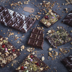 Handmade chocolate with nuts and dried fruits, Chocolatier, Sweet gifts, Valentine's Day, White Day, Howaito day, Closeup, Selective focus