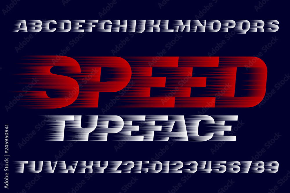 Fototapete speed alphabet font. fast wind effect letters, numbers and symbols. stock vector typeface for your d