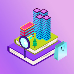 Vector isometric city with skysrapers. Town infographic illustration.
