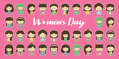 International Women's Day vector illustration with diverse group of women of different age, race and outfits.