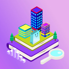 Vector isometric city with skysrapers. Town infographic illustration.