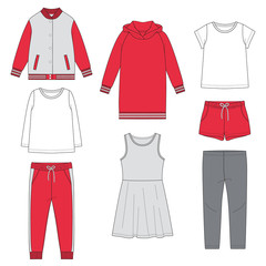 Set of girl's clothing. Spring collection. Vector illustration.