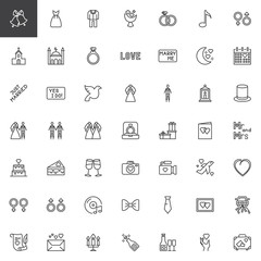 Wedding and marriage line icons set. linear style symbols collection, outline signs pack. vector graphics. Set includes icons as wedding dress, flowers bouquet, rings, church, dove, bride, groom