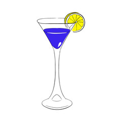 Liqueur blue Curacao in a tall glass, decorated with orange slice. Vector Hand drawn illustration.