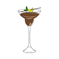 Brown cocktail, decorated with lemon and mint. Vector. Isolated. Hand drawn illustration.