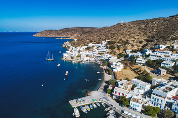 Aerial view of Katapola vilage, Amorgos island, Cyclades, Aegean, Greece