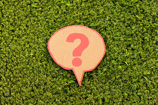 Question mark speech bubble above green grass