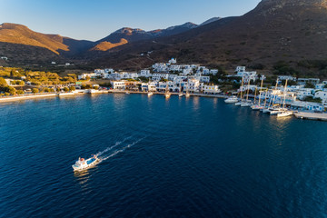 Aerial view of Katapola vilage, Amorgos island, Cyclades, Aegean, Greece